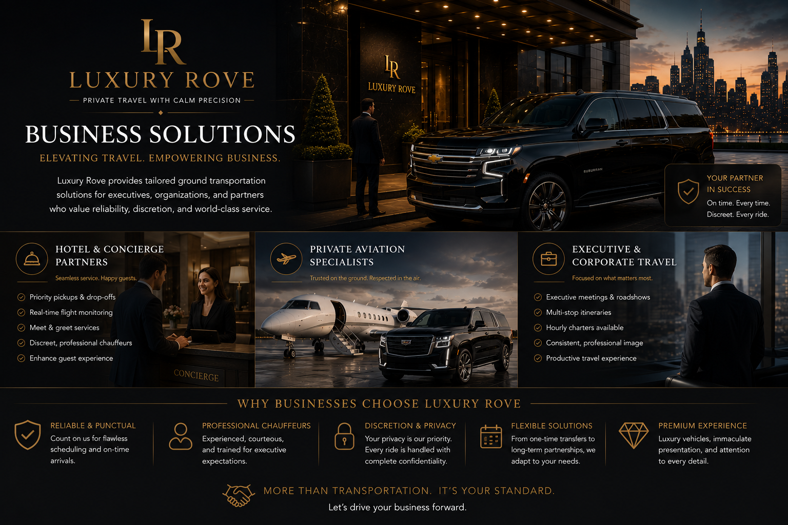 Luxury Rove business transportation solutions for hotel concierges, private aviation, FBOs and executive corporate travel