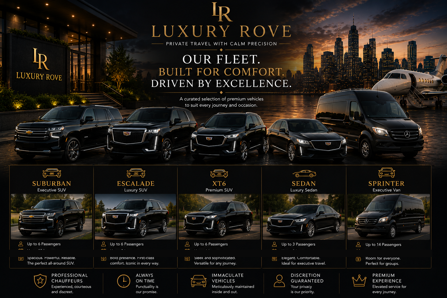Luxury Rove premium fleet featuring Chevrolet Suburban, Cadillac Escalade, Cadillac XT6, luxury sedan and Mercedes-Benz Sprinter