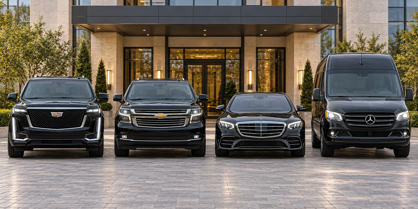 Illustrative lineup of a Cadillac Escalade, Chevrolet Suburban, Mercedes-Benz S-Class and Sprinter, viewed from the front